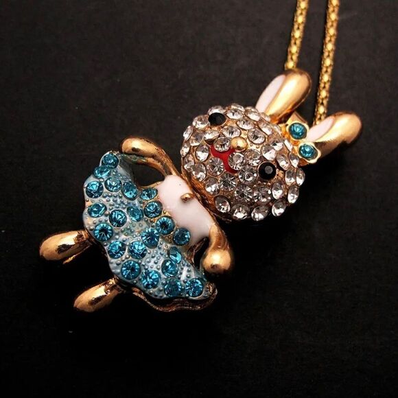 Cute Blue Crystal Bow Rabbit Skirt Pendant Necklace NWOT - Picture 4 of 4